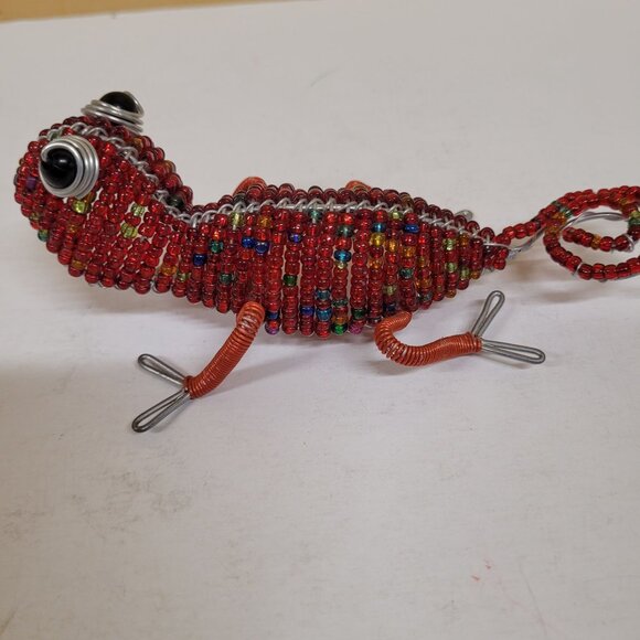 Red Beaded Wire Gecko Lizard Sculpture 5.5'' Long Chameleon Folk Are Figurine - Picture 7 of 8